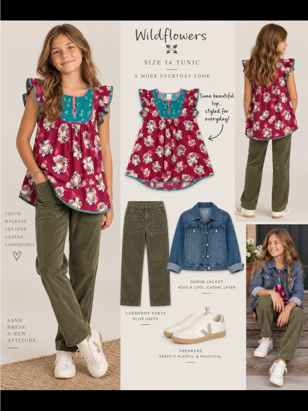 Wildflowers Girls' Berry Floral Tunic with Teal Yoke Sz 14 NWOT